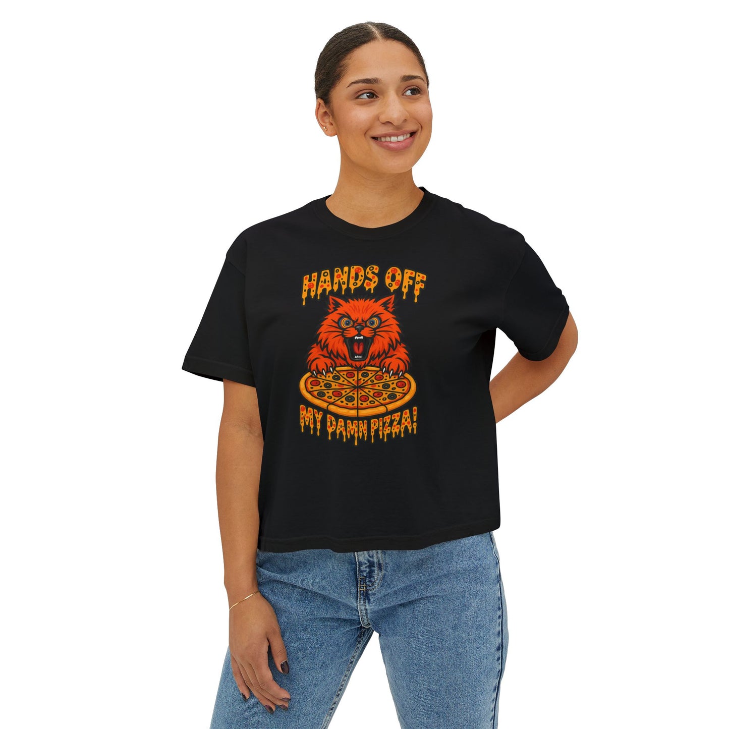 Women's Boxy Tee - 'Hands Off My Damn Pizza' Graphic Tee