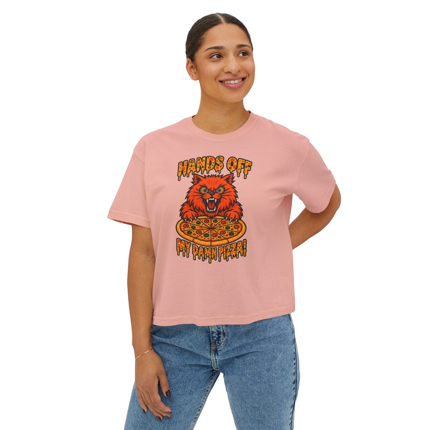 Women's Boxy Tee - 'Hands Off My Damn Pizza' Graphic Tee