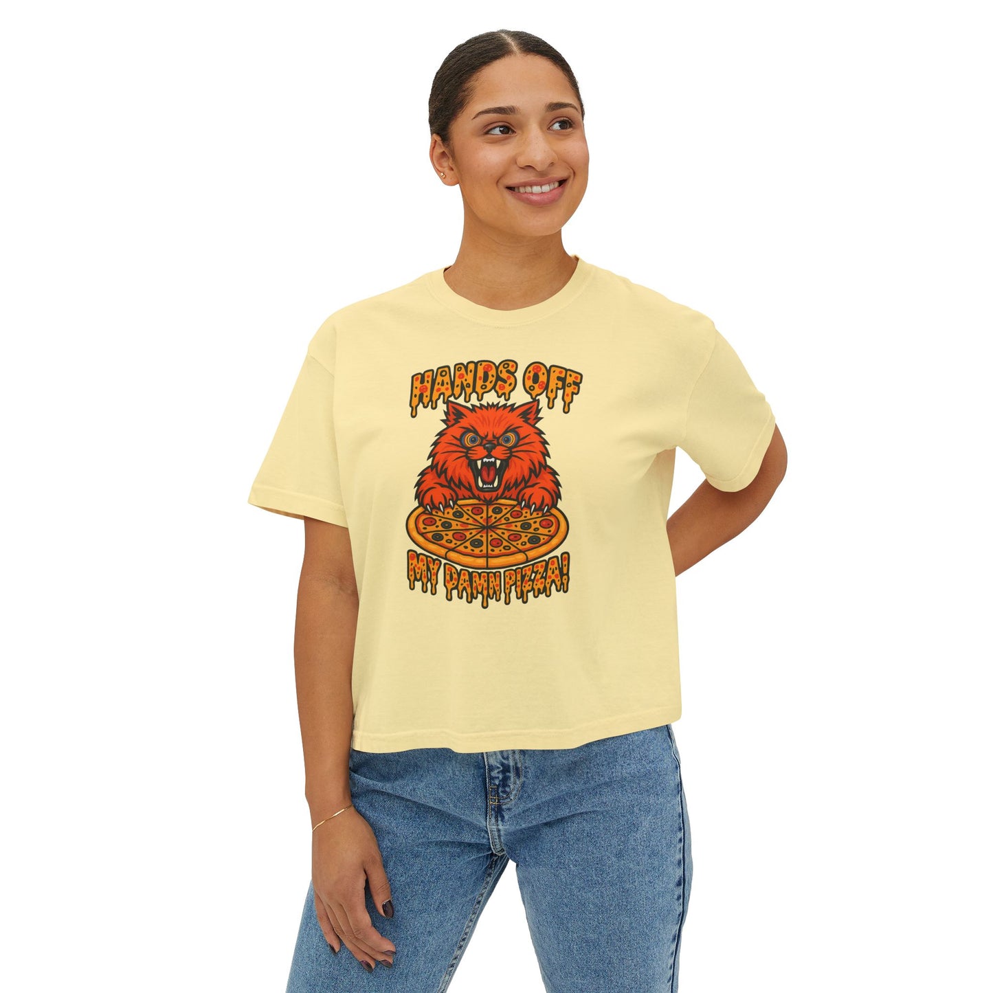 Women's Boxy Tee - 'Hands Off My Damn Pizza' Graphic Tee