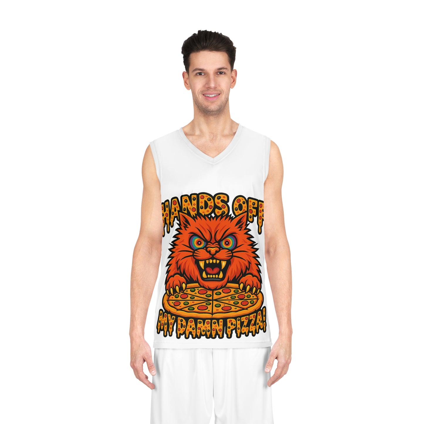 Funny Pizza Cat Basketball Jersey - "Hands Off My Damn Pizza!"