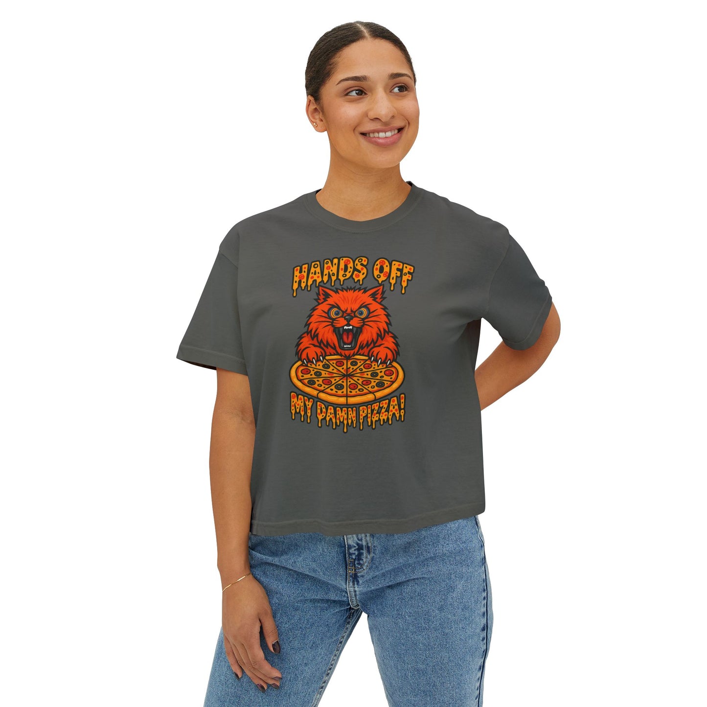 Women's Boxy Tee - 'Hands Off My Damn Pizza' Graphic Tee
