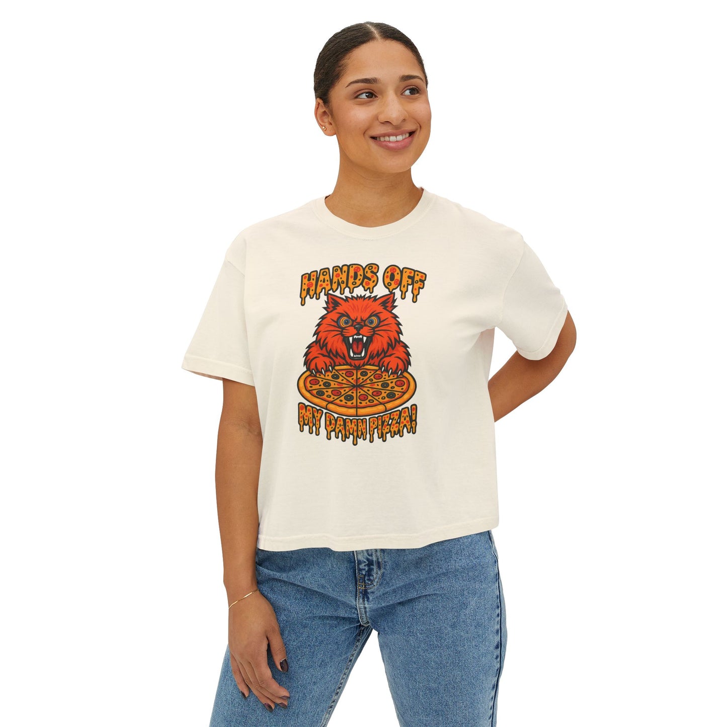 Women's Boxy Tee - 'Hands Off My Damn Pizza' Graphic Tee