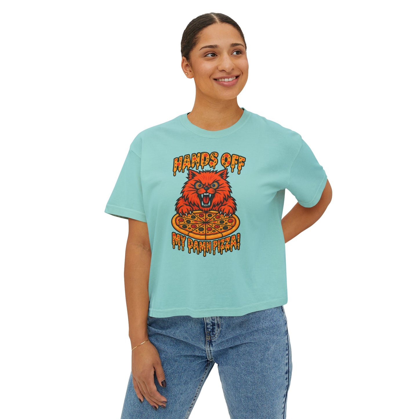 Women's Boxy Tee - 'Hands Off My Damn Pizza' Graphic Tee