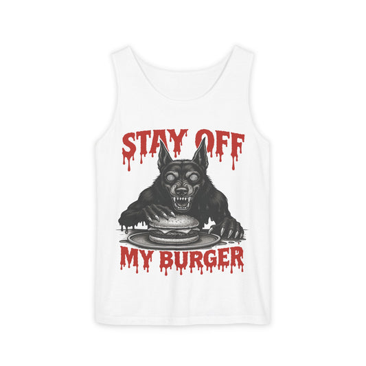 Stay Off My Burger Graphic Tank Top, Funny Foodie Tank, Unisex Summer Apparel, Gift for Burgers Lovers, BBQ Party Wear